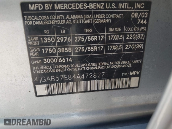 2004 Mercedes-Benz M 350 with VIN 4JGAB57E84A472827, listed as a IAAI auction lot 42135826 with 221,174 mi miles and . Bid and sale history available at DreamBid. Image 9.