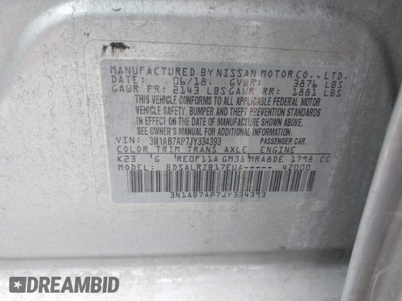 2018 Nissan Sentra S with VIN 3N1AB7AP7JY334393, listed as a IAAI auction lot 41751028 with 91,615 mi miles and . Bid and sale history available at DreamBid. Image 9.