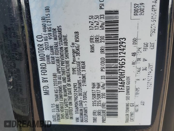 2016 Ford Fusion SE with VIN 1FA6P0H79G5124293, listed as a Copart auction lot 62878335 with 111,295 mi miles and Salvage title. Bid and sale history available at DreamBid. Image 12.