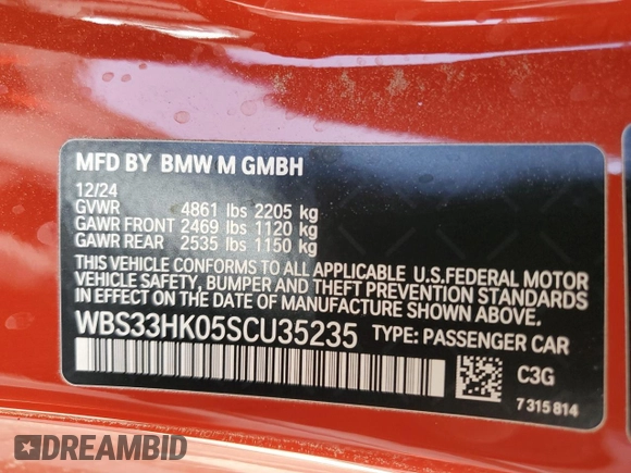 2025 BMW M4 Competition xDrive with VIN WBS33HK05SCU35235, listed as a Copart auction lot 49178585 with 1,480 mi miles and Salvage Title. Bid and sale history available at carsss.com. Image 12.