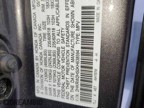 2019 Honda CR-V EX with VIN 2HKRW2H50KH638594, listed as a Copart auction lot 67560822 with 66,225 mi miles. Bid and sale history available at carsss.com. Image 15.