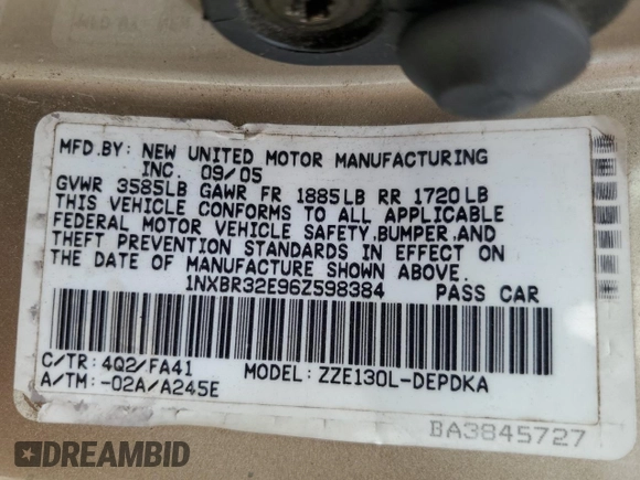 2006 Toyota Corolla CE with VIN 1NXBR32E96Z598384, listed as a Copart auction lot 58246905 with 199,997 mi miles and Salvage title. Bid and sale history available at DreamBid. Image 12.