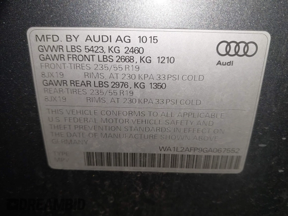 2016 Audi Q5 Premium Plus with VIN WA1L2AFP9GA067552, listed as a IAAI auction lot 41835343 with 67,503 mi miles. Bid and sale history available at carsss.com. Image 9.