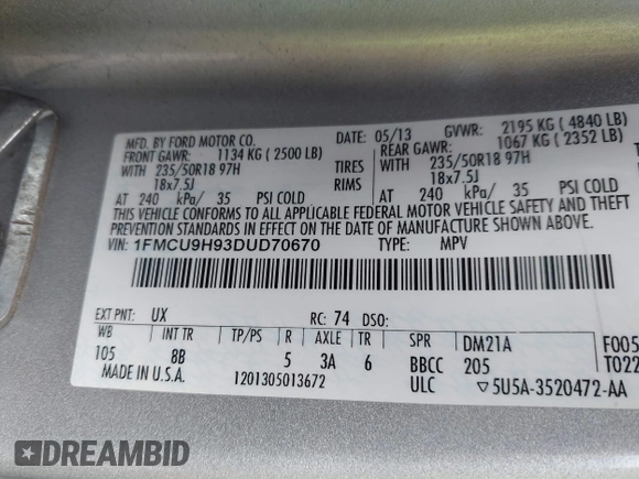 2013 Ford Escape SEL with VIN 1FMCU9H93DUD70670, listed as a IAAI auction lot 41867784 with 207,956 mi miles. Bid and sale history available at carsss.com. Image 9.