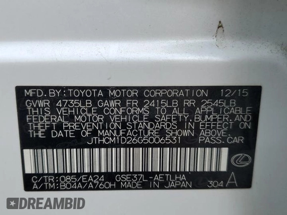 2016 Lexus IS 300/350 with VIN JTHCM1D26G5006531, listed as a Copart auction lot 61968535 with 102,393 mi miles and Salvage title. Bid and sale history available at DreamBid. Image 12.