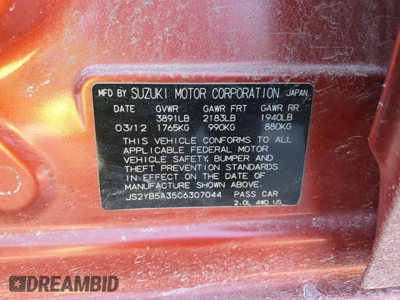 2012 Suzuki SX4 Crossover with VIN JS2YB5A35C6307044, listed as a Copart auction lot 88232325 with 172,236 mi miles and Salvage Title. Bid and sale history available at carsss.com. Image 12.