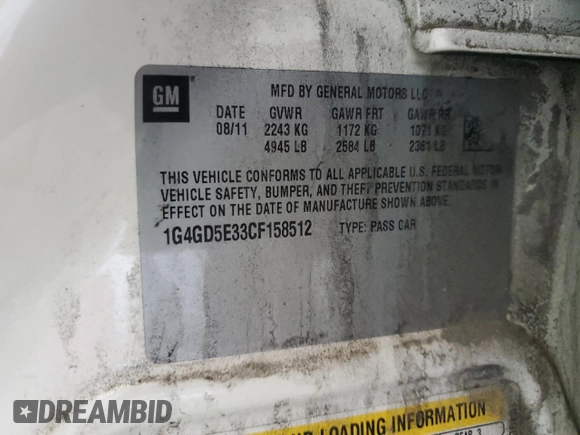 2012 Buick LaCrosse Premium 1 z VIN 1G4GD5E33CF158512, wystawiony jako Copart lot #58360135 z przebiegiem 215 782 mil mil oraz Szkoda całkowita • Salvage title. Historia ofert i sprzedaży dostępna na DreamBid. Obrazek 12.