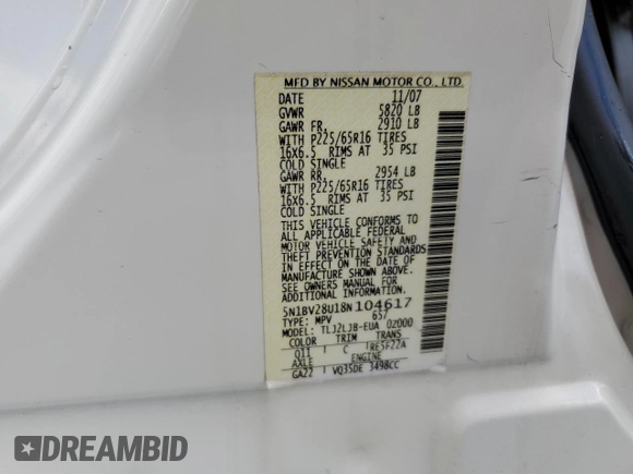 2008 Nissan Quest with VIN 5N1BV28U18N104617, listed as a Copart auction lot 69333144 with 172,432 mi miles and Salvage Title. Bid and sale history available at carsss.com. Image 13.