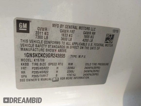 2016 Chevrolet Tahoe LTZ with VIN 1GNSKCKC9GR243895, listed as a IAAI auction lot 42322779 with 162,138 mi miles and . Bid and sale history available at DreamBid. Image 9.