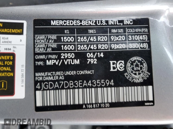 2014 Mercedes-Benz M 550 with VIN 4JGDA7DB3EA435594, listed as a Copart auction lot 87638055 with 227,256 mi miles and Salvage title. Bid and sale history available at DreamBid. Image 13.