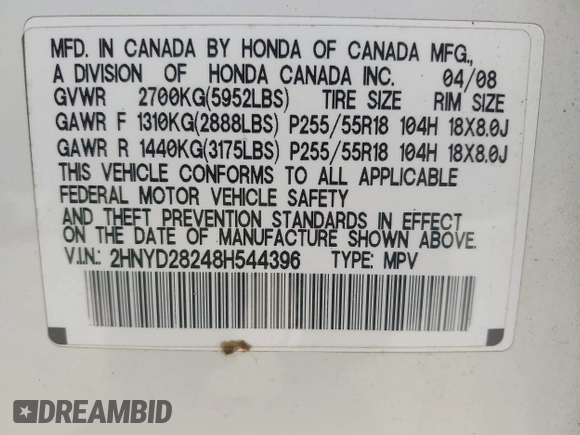 2008 Acura MDX with VIN 2HNYD28248H544396, listed as a IAAI auction lot 41954494 with 195,000 mi miles and . Bid and sale history available at DreamBid. Image 9.