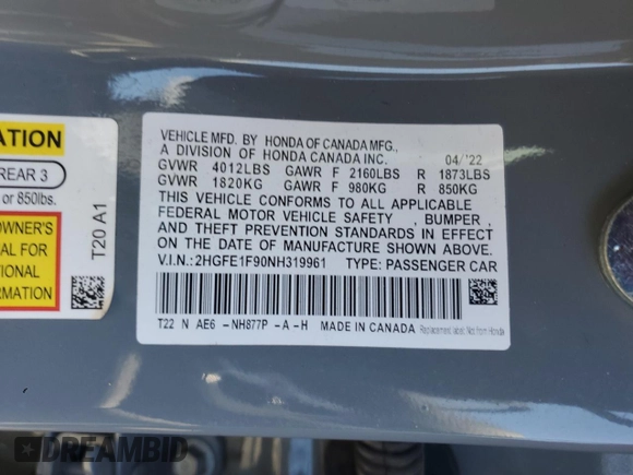 2022 Honda Civic Touring with VIN 2HGFE1F90NH319961, listed as a Copart auction lot 57799335 with 36,458 mi miles and Salvage title. Bid and sale history available at DreamBid. Image 12.