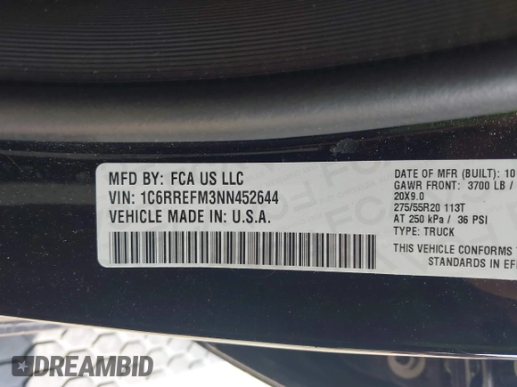 2022 Ram 1500 Lone Star with VIN 1C6RREFM3NN452644, listed as a IAAI auction lot 42462979 with 36,134 mi miles and . Bid and sale history available at DreamBid. Image 9.