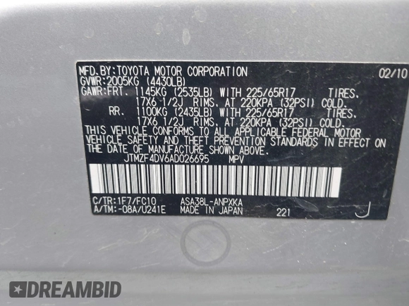 2010 Toyota RAV4 with VIN JTMZF4DV6AD026695, listed as a IAAI auction lot 42653724 with 161,364 mi miles and . Bid and sale history available at DreamBid. Image 9.