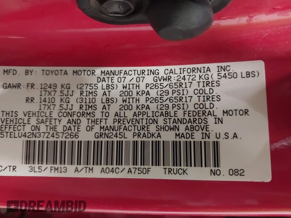 2007 Toyota Tacoma with VIN 5TELU42N37Z457266, listed as a IAAI auction lot 42043772 with 184,594 mi miles and . Bid and sale history available at DreamBid. Image 9.