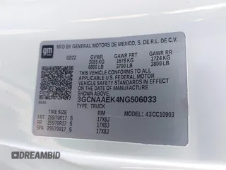 2022 Chevrolet Silverado 1500 Work Truck with VIN 3GCNAAEK4NG506033, listed as a IAAI auction lot 41791429 with 24,818 mi miles and . Bid and sale history available at DreamBid. Image 9.