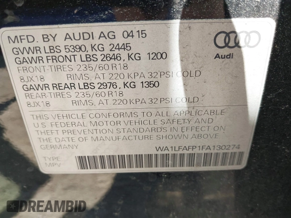 2015 Audi Q5 Premium Plus with VIN WA1LFAFP1FA130274, listed as a IAAI auction lot 42180225 with 101,758 mi miles and . Bid and sale history available at DreamBid. Image 9.