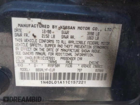 2001 Nissan Altima GXE with VIN 1N4DL01A11C157221, listed as a IAAI auction lot 41702378 with 206,648 mi miles. Bid and sale history available at carsss.com. Image 9.
