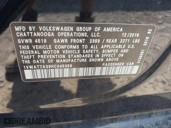 2017 Volkswagen Passat S with VIN 1VWAT7A39HC045359, listed as a IAAI auction lot 42576310 with 133,231 mi miles and . Bid and sale history available at DreamBid. Image 9.