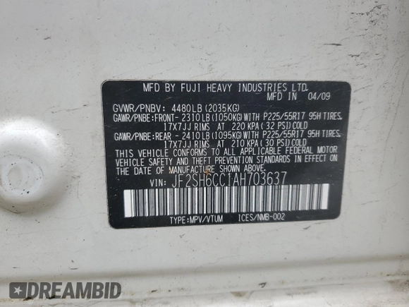 2010 Subaru Forester X Premium with VIN JF2SH6CC1AH703637, listed as a Copart auction lot 57722085 with 161,836 mi miles and Salvage title. Bid and sale history available at DreamBid. Image 12.