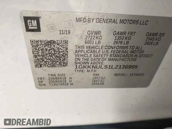 2020 GMC Acadia SLT with VIN 1GKKNULS1LZ136995, listed as a IAAI auction lot 41709849 with 137,899 mi miles and . Bid and sale history available at DreamBid. Image 9.