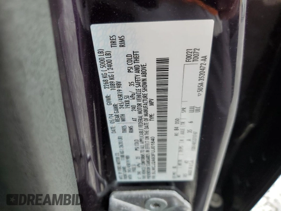 2015 Lincoln MKC z VIN 5LMCJ2A93FUJ01840, wystawiony jako Copart lot #53269035 z przebiegiem 110 572 mil mil oraz Szkoda całkowita • Salvage title. Historia ofert i sprzedaży dostępna na DreamBid. Obrazek 14.