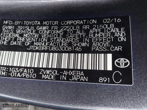 2016 Toyota Prius Two with VIN JTDKBRFU8G3008146, listed as a IAAI auction lot 41920005 with 116,613 mi miles. Bid and sale history available at carsss.com. Image 9.