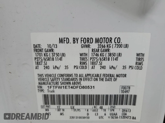 2013 Ford F-150 XL with VIN 1FTFW1ET4DFD80531, listed as a Copart auction lot 51670685 with 180,871 mi miles and Salvage Title. Bid and sale history available at carsss.com. Image 14.