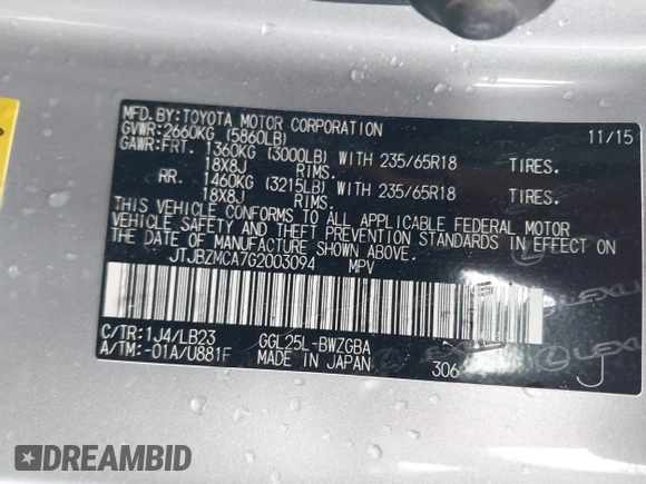 2016 Lexus RX 350 с VIN JTJBZMCA7G2003094, выставлен на аукционе IAAI как лот 41854849 с пробегом 39 644 миль миль и . История ставок и продаж доступна на DreamBid. Изображение 9.