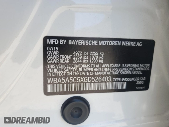 2016 BMW 5 Series 528i with VIN WBA5A5C5XGD526403, listed as a Copart auction lot 60992835 with 106,004 mi miles and Salvage title. Bid and sale history available at DreamBid. Image 12.