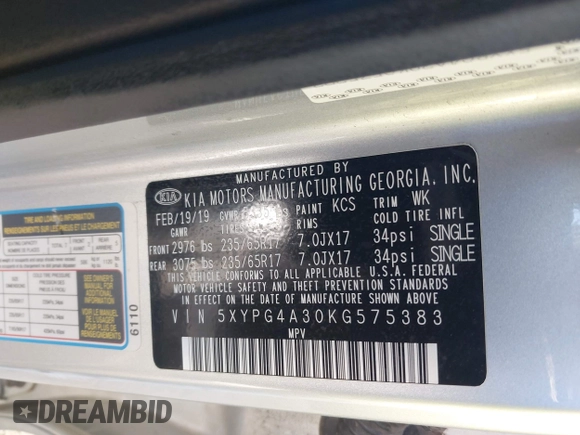 2019 Kia Sorento L with VIN 5XYPG4A30KG575383, listed as a IAAI auction lot 41958901 with 102,797 mi miles. Bid and sale history available at carsss.com. Image 9.