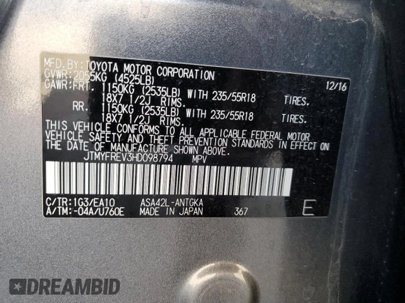 2017 Toyota RAV4 Limited with VIN JTMYFREV3HD098794, listed as a Copart auction lot 45768655 with 83,988 mi miles and Salvage Title. Bid and sale history available at DreamBid. Image 15.