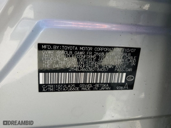 2008 Lexus ES 350 with VIN JTHBJ46G382184057, listed as a Copart auction lot 46852915 with 156,848 mi miles and Salvage Title. Bid and sale history available at carsss.com. Image 12.