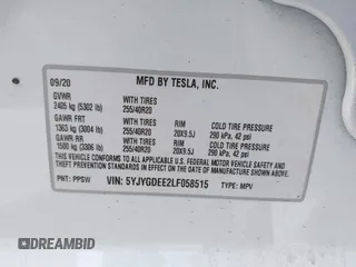 2020 Tesla Model Y Long Range with VIN 5YJYGDEE2LF058515, listed as a IAAI auction lot 41932748 with 62,885 mi miles and . Bid and sale history available at DreamBid. Image 9.