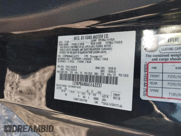 2010 Ford Mustang V6 with VIN 1ZVBP8AN0A5163231, listed as a IAAI auction lot 41876384 with 113,419 mi miles. Bid and sale history available at carsss.com. Image 9.