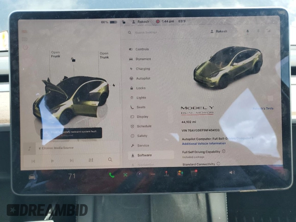 2022 Tesla Model Y Performance with VIN 7SAYGDEF1NF404133, listed as a Copart auction lot 51108165 with 44,102 mi miles and Salvage Title. Bid and sale history available at DreamBid. Image 9.