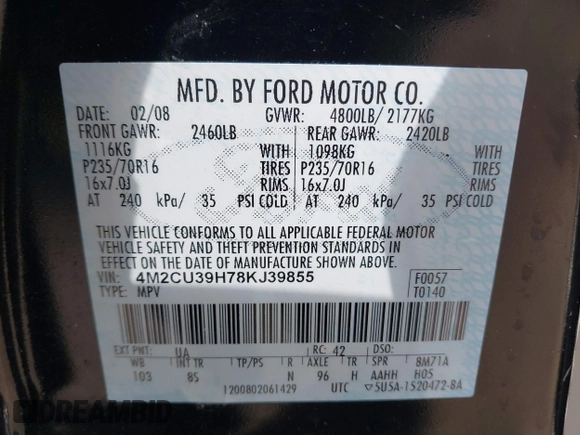 2008 Mercury Mariner z VIN 4M2CU39H78KJ39855, wystawiony jako IAAI lot #41892329 z przebiegiem 150 465 mil mil oraz . Historia ofert i sprzedaży dostępna na DreamBid. Obrazek 9.