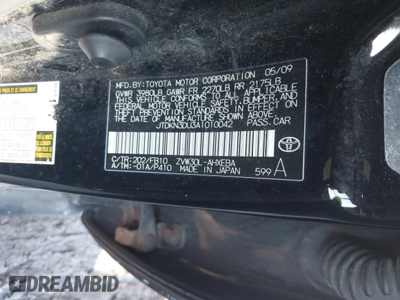 2010 Toyota Prius II with VIN JTDKN3DU3A1010042, listed as a IAAI auction lot 41416439 with 203,267 mi miles. Bid and sale history available at carsss.com. Image 9.