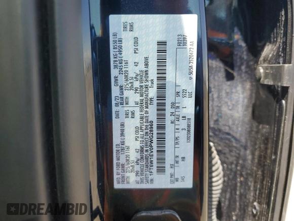 2023 Ford F-150 Lightning Pro z VIN 1FT6W1EV0PWG28960, wystawiony jako Copart lot #51858855 z przebiegiem Nie podano mil oraz Nie do naprawy • Non repairable. Historia ofert i sprzedaży dostępna na DreamBid. Obrazek 12.