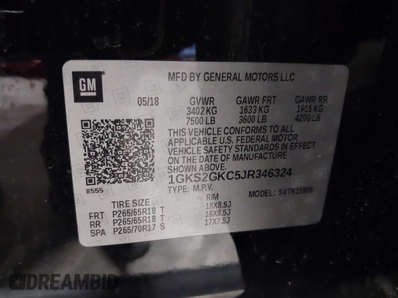 2018 GMC Yukon XL SLT with VIN 1GKS2GKC5JR346324, listed as a IAAI auction lot 41580164 with 123,640 mi miles. Bid and sale history available at carsss.com. Image 9.