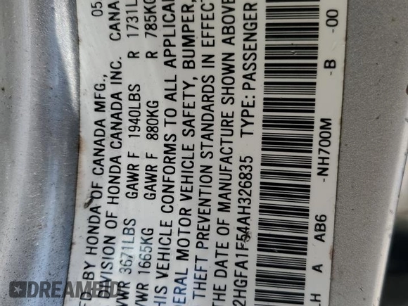 2010 Honda Civic LX with VIN 2HGFA1F54AH326835, listed as a Copart auction lot 55992885 with 78,004 mi miles and Salvage Title. Bid and sale history available at DreamBid. Image 12.
