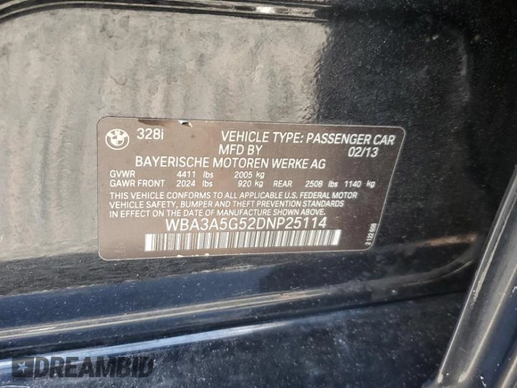 2013 BMW 3 Series 328i with VIN WBA3A5G52DNP25114, listed as a Copart auction lot 51874955 with 207,476 mi miles and Salvage Title. Bid and sale history available at carsss.com. Image 14.