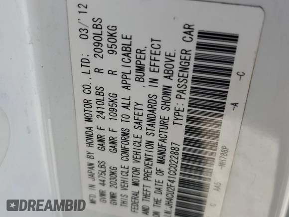 2012 Acura TSX with VIN JH4CU2F41CC022887, listed as a Copart auction lot 49418325 with 161,639 mi miles and Salvage title. Bid and sale history available at DreamBid. Image 13.
