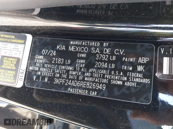 2024 Kia Forte LXS z VIN 3KPF24AD6RE826949, wystawiony jako IAAI lot #42078753 z przebiegiem 13 679 mil mil oraz . Historia ofert i sprzedaży dostępna na DreamBid. Obrazek 9.