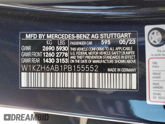 2023 Mercedes-Benz E-Class E 450 with VIN W1KZH6AB1PB155552, listed as a Copart auction lot 45599685 with 22,607 mi miles and Salvage Title. Bid and sale history available at carsss.com. Image 14.