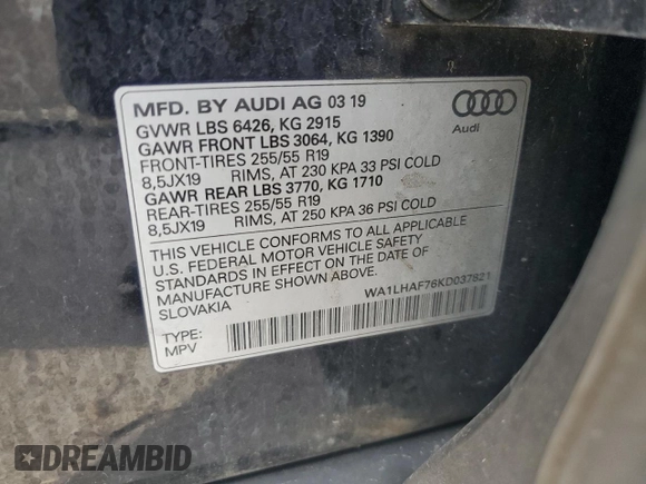 2019 Audi Q7 Premium Plus with VIN WA1LHAF76KD037821, listed as a Copart auction lot 60825955 with 125,616 mi miles and Clean title. Bid and sale history available at DreamBid. Image 14.