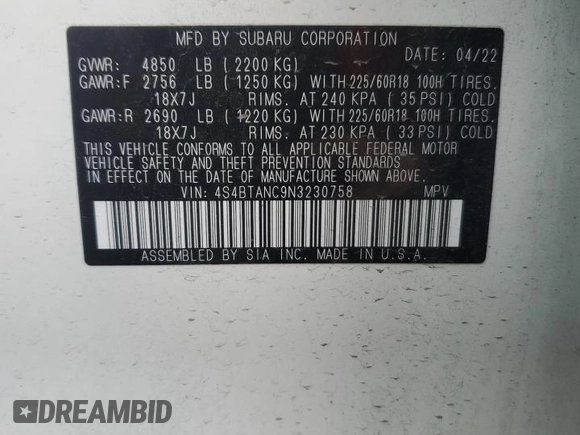 2022 Subaru Outback Limited with VIN 4S4BTANC9N3230758, listed as a Copart auction lot 49989005 with 20,227 mi miles and Salvage Title. Bid and sale history available at DreamBid. Image 13.