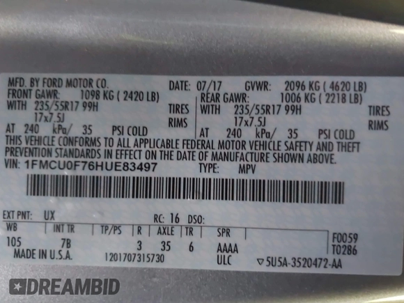 2017 Ford Escape S with VIN 1FMCU0F76HUE83497, listed as a IAAI auction lot 41868513 with 90,511 mi miles. Bid and sale history available at carsss.com. Image 9.
