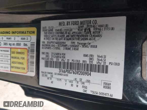 2013 Ford Fusion S with VIN 3FA6P0G76DR200904, listed as a IAAI auction lot 41568525 with 235,852 mi miles. Bid and sale history available at carsss.com. Image 9.