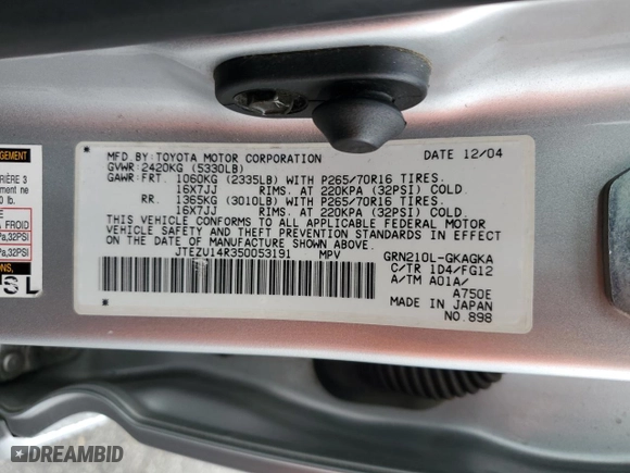2005 Toyota 4Runner SR5 with VIN JTEZU14R350053191, listed as a Copart auction lot 49154085 with 226,414 mi miles and Salvage Title. Bid and sale history available at carsss.com. Image 15.